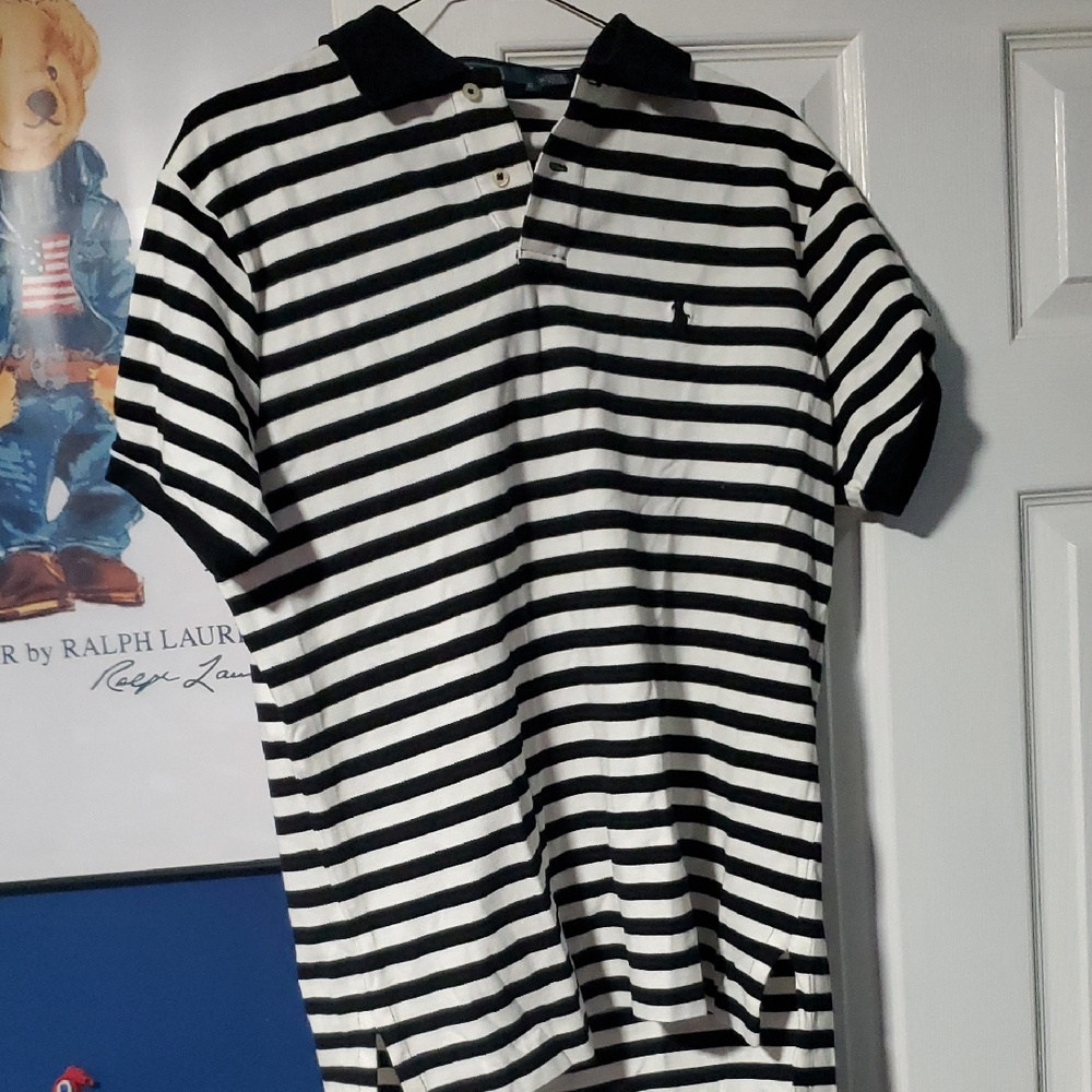 Ralph Lauren Men’s Black and White Striped Polo Sz M
